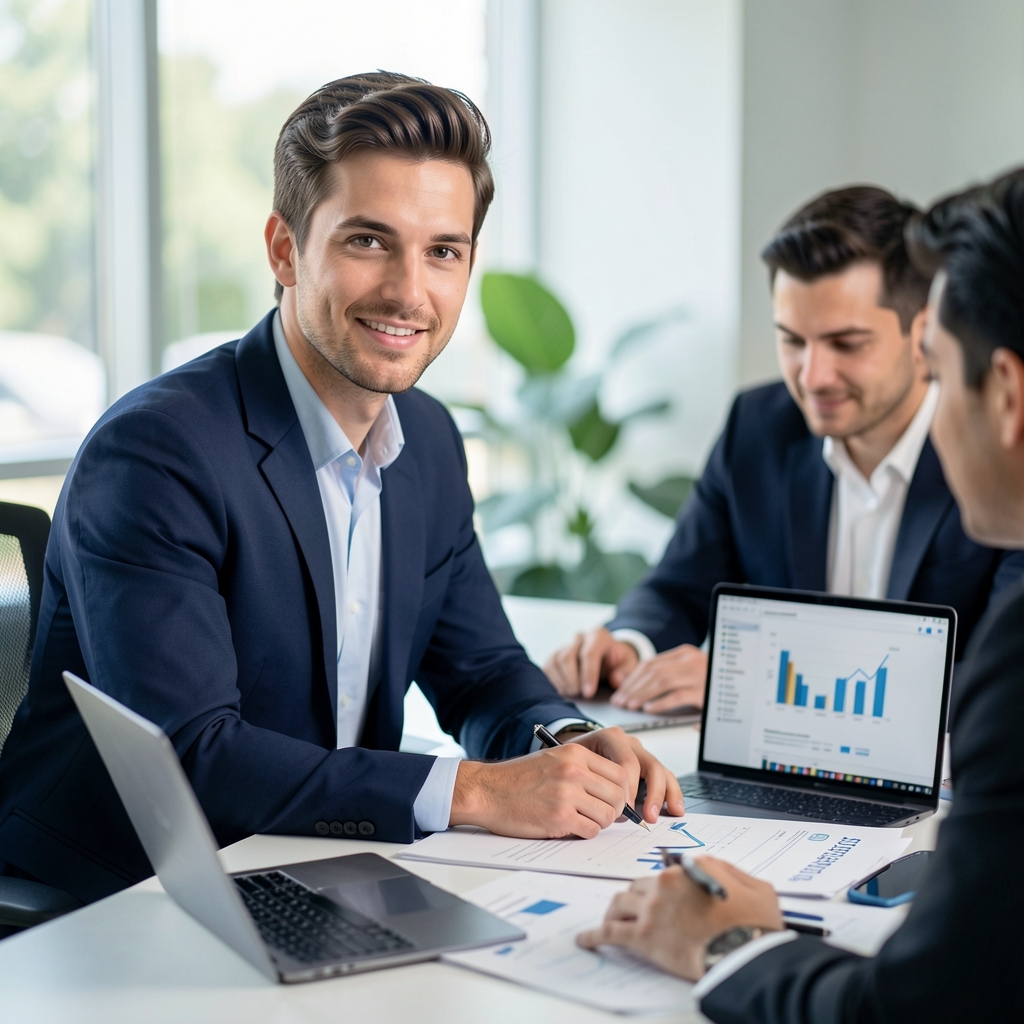 Senior IT consultants in a bright Boston office conference room reviewing technology architecture diagrams on a large whiteboard