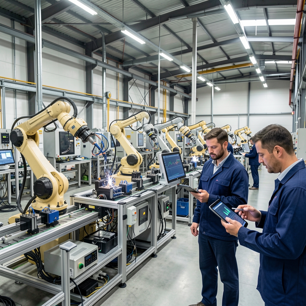 Smart manufacturing facility with automated assembly lines, IoT sensors on machinery, and engineers monitoring production analytics on tablets